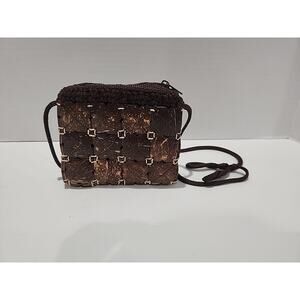 Wooden Coconut Squares Purse 5" Brown Lined Zipper Close Unique
